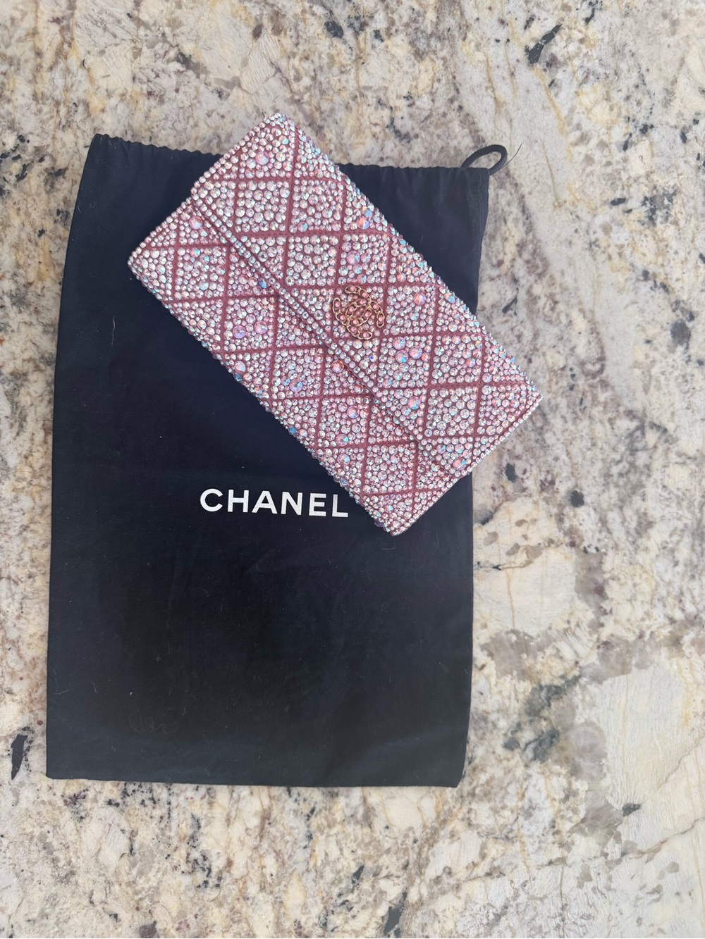 CHANEL Pink Crystal Quilted Clutch with CC Emblem
